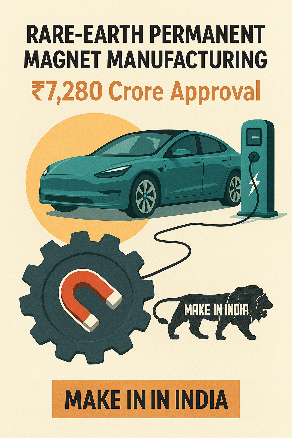 इलेक्ट्रिक वाहन + मैग्नेट + &#34;Make in India&#34; लोगो वाली futuristic image