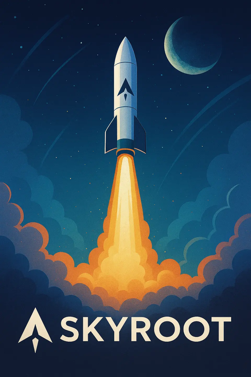 Skyroot का लोगो + रॉकेट launch की futuristic digital artwork